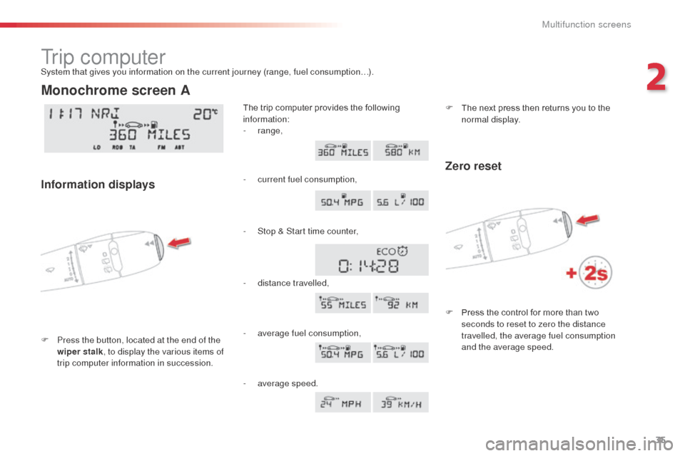 Citroen C3 PICASSO RHD 2014 1.G Owners Manual 35
Tr i p  c o m p u t e r
F Press the button, located at the end of the wiper stalk , to display the various items of 
trip computer information in succession. The trip computer provides the followin