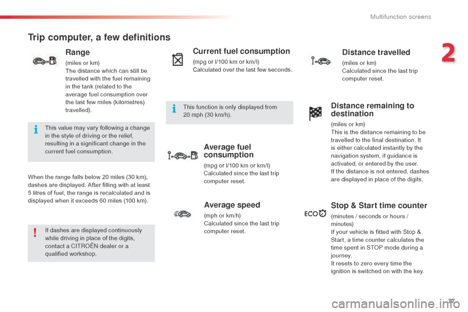 Citroen C3 PICASSO RHD 2014 1.G Owners Manual 37
Trip computer, a few definitions
When the range falls below 20 miles (30 km), 
dashes are displayed. After filling with at least 
5 litres of fuel, the range is recalculated and is 
displayed when 