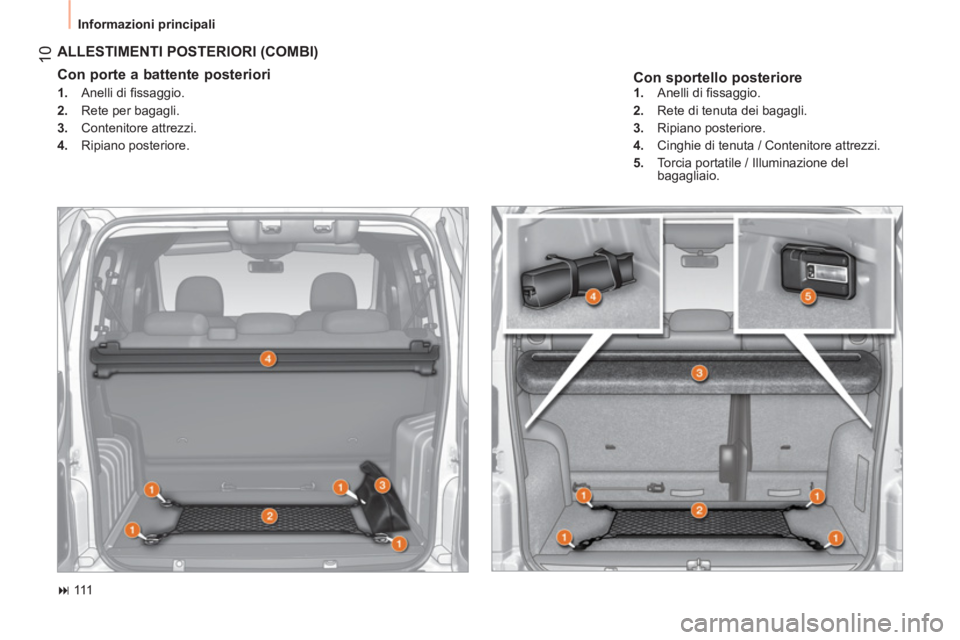 CITROEN NEMO 2014  Libretti Di Uso E manutenzione (in Italian)  10
 
Informazioni principali 
 
 
Con sportello posteriore 
 
ALLESTIMENTI POSTERIORI (COMBI) 
 
 
Con porte a battente posteriori  
 
 
 
1. 
 Anelli di ﬁ ssaggio. 
   
2. 
  Rete per bagagli. 
  