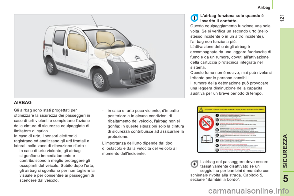 CITROEN NEMO 2014 Libretti Di Uso E manutenzione (in Italian) 121
5
SICUREZZA
Airbag
AIRBAG
Gli airbag sono stati progettati per
ottimizzare la sicurezza dei passeggeri in
caso di urti violenti e completano lazione
delle cinture di sicurezza CITROEN NEMO 2014 Libretti Di Uso E manutenzione (in Italian) 121
5
SICUREZZA
Airbag
AIRBAG
Gli airbag sono stati progettati per
ottimizzare la sicurezza dei passeggeri in
caso di urti violenti e completano lazione
delle cinture di sicurezza