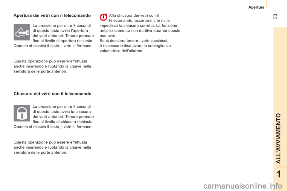 CITROEN NEMO 2014  Libretti Di Uso E manutenzione (in Italian)  33
1
ALLAVVIAMENTO
Aperture
 
 
Apertura dei vetri con il telecomando 
   
Chiusura dei vetri con il telecomando  
 
Alla chiusura dei vetri con il 
telecomando, accertarsi che nulla 
impedisca la c