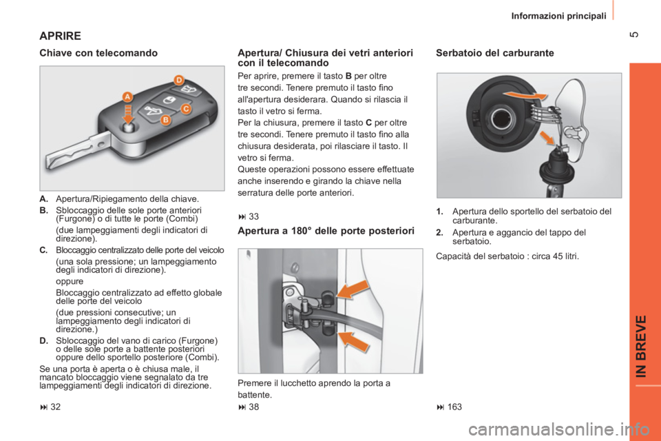 CITROEN NEMO 2014  Libretti Di Uso E manutenzione (in Italian)  5
IN BREVE
 
Informazioni principali 
 
APRIRE 
 
 
Chiave con telecomando 
 
 
 
A. 
  Apertura/Ripiegamento della chiave .
   
B. 
  Sbloccaggio delle sole porte anteriori 
(Furgone) o di tutte le 