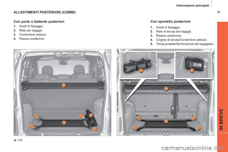 CITROEN NEMO 2013  Libretti Di Uso E manutenzione (in Italian)  9
IN BREVE
 
Informazioni principali 
 
ALLESTIMENTI POSTERIORI (COMBI) 
 
 
 
� 
 110  
 
 
Con porte a battente posteriori  
 
 
 
1. 
 Anelli di ﬁ ssaggio. 
   
2. 
  Rete per bagagli. 
   
3. 