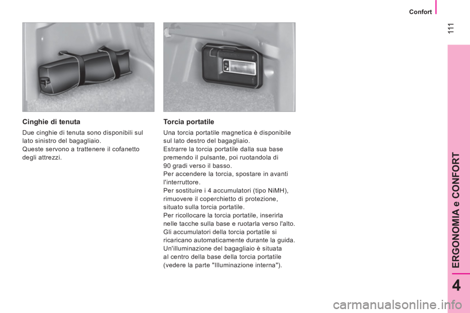 CITROEN NEMO 2013 Libretti Di Uso E manutenzione (in Italian) 111
4
ERGONOMIA e CONFORT
Confort
Cinghie di tenuta
Due cinghie di tenuta sono disponibili sul
lato sinistro del bagagliaio.
Queste servono a trattenere il cofanetto
degli attre CITROEN NEMO 2013 Libretti Di Uso E manutenzione (in Italian) 111
4
ERGONOMIA e CONFORT
Confort
Cinghie di tenuta
Due cinghie di tenuta sono disponibili sul
lato sinistro del bagagliaio.
Queste servono a trattenere il cofanetto
degli attre