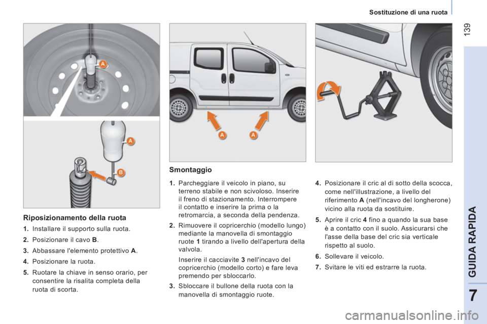 CITROEN NEMO 2013  Libretti Di Uso E manutenzione (in Italian)  139
7
GUIDA RAPIDA
 
 
 
Sostituzione di una ruota  
 
 
 
Smontaggio 
 
 
 
 
1. 
  Parcheggiare il veicolo in piano, su 
terreno stabile e non scivoloso. Inserire 
il freno di stazionamento. Interr