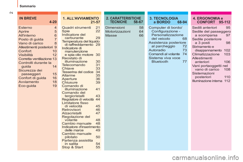 CITROEN NEMO 2013  Libretti Di Uso E manutenzione (in Italian) 2
  Sommario 
2.  CARATTERISTICHE 
TECNICHE 58-674.  ERGONOMIA e 
CONFORT 95-112
Dimensioni 58
Motorizzazioni 64
Masse 66 Esterno 4
Aprire 5
Allinterno 6
Posto di guida  7
Vano di carico  8
Allestime