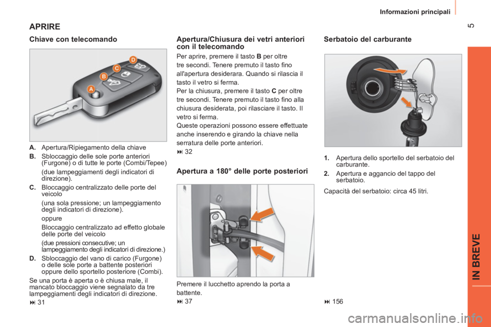CITROEN NEMO 2013  Libretti Di Uso E manutenzione (in Italian)  5
IN BREVE
 
Informazioni principali 
 
APRIRE 
 
 
Chiave con telecomando 
 
 
 
A. 
  Apertura/Ripiegamento della chiave 
   
B. 
  Sbloccaggio delle sole porte anteriori 
(Furgone) o di tutte le p