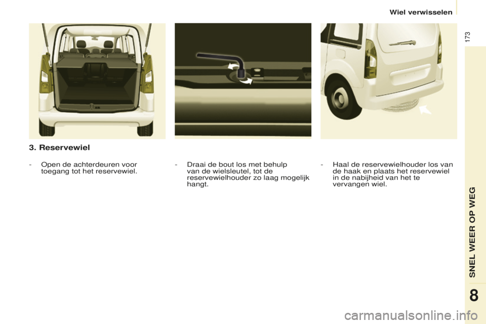 CITROEN BERLINGO MULTISPACE 2016 Instructieboekjes (in Dutch) 173
Berlingo-2-VP_nl_Chap08_Aide-rapide_ed01-2016
3. Reservewiel
- Draai de bout los met behulp
van de wielsleutel, tot de
reservewielhouder zo laag mogelijk
hangt.
-
open de achterdeuren voor
to CITROEN BERLINGO MULTISPACE 2016 Instructieboekjes (in Dutch) 173
Berlingo-2-VP_nl_Chap08_Aide-rapide_ed01-2016
3. Reservewiel
- Draai de bout los met behulp
van de wielsleutel, tot de
reservewielhouder zo laag mogelijk
hangt.
-
open de achterdeuren voor
to