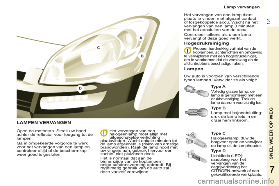 CITROEN BERLINGO MULTISPACE 2014  Instructieboekjes (in Dutch)    Lamp  vervangen   
Berlingo-2-VP-papier_nl_Chap07_Aide rapide_ed01-2014
151
SNEL WEER OP WEG
7
 LAMPEN  VERVANGEN 
  Type A  
 Volledig glazen lamp: de 
lamp is gemonteerd met een 
drukbevestiging.