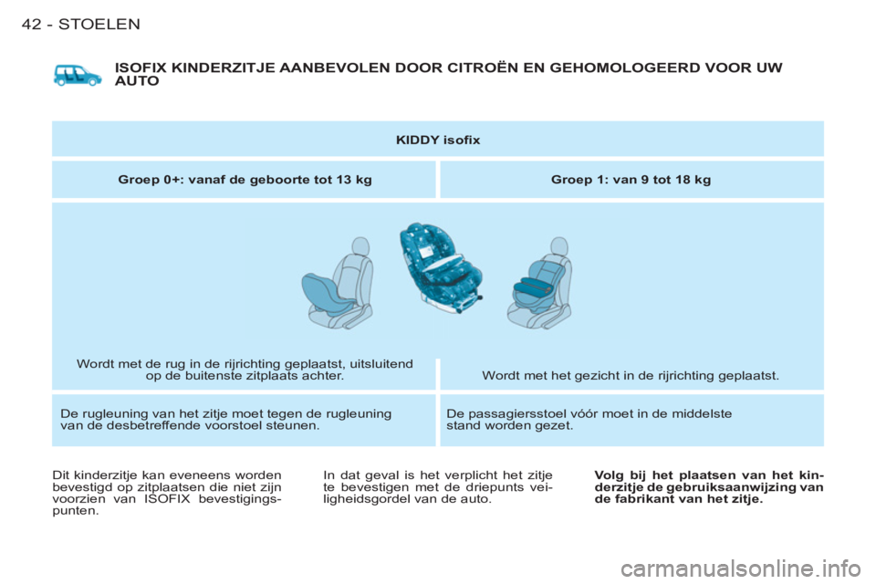 CITROEN BERLINGO FIRST 2011  Instructieboekjes (in Dutch) STOELEN
42-
  ISOFIX KINDERZITJE AANBEVOLEN DOOR CITROËN EN GEHOMOLOGEERD VOOR UW 
AUTO
   
 
KIDDY isoﬁ x 
 
 
   
Groep 0+: vanaf de geboorte tot 13 kg 
   
Groep 1: van 9 tot 18 kg 
 
  Wordt me