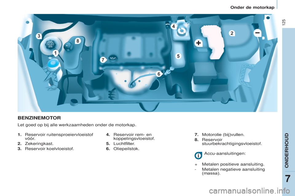 CITROEN BERLINGO ELECTRIC 2017  Instructieboekjes (in Dutch) 125
Berlingo-2-VU_nl_Chap07_Verification_ed01-2015Berlingo-2-VU_nl_Chap07_Verification_ed01-2015
BENZINEMOTOR
1.  reservoir ruitensproeiervloeistof 
vóór .
2.
 
Zekeringkast.
3.

  r eservoir koelvl