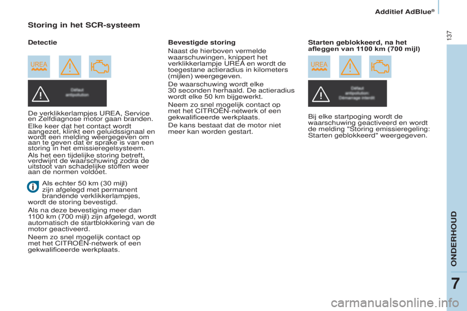 CITROEN BERLINGO ELECTRIC 2017  Instructieboekjes (in Dutch) 137
Berlingo-2-VU_nl_Chap07_Verification_ed01-2015Berlingo-2-VU_nl_Chap07_Verification_ed01-2015
Storing in het SCR-systeem
De verklikkerlampjes ureA, service 
en Zelfdiagnose motor gaan branden.
e

l