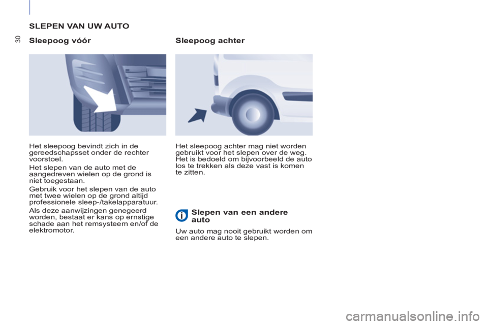 CITROEN BERLINGO ELECTRIC 2017 Instructieboekjes (in Dutch) 30
SLEPEN VAN UW AUTO
Sleepoog vóór
Het sleepoog achter mag niet worden
gebruikt voor het slepen over de weg.
Het is bedoeld om bijvoorbeeld de auto
los te trekken als deze vast is kome CITROEN BERLINGO ELECTRIC 2017 Instructieboekjes (in Dutch) 30
SLEPEN VAN UW AUTO
Sleepoog vóór
Het sleepoog achter mag niet worden
gebruikt voor het slepen over de weg.
Het is bedoeld om bijvoorbeeld de auto
los te trekken als deze vast is kome