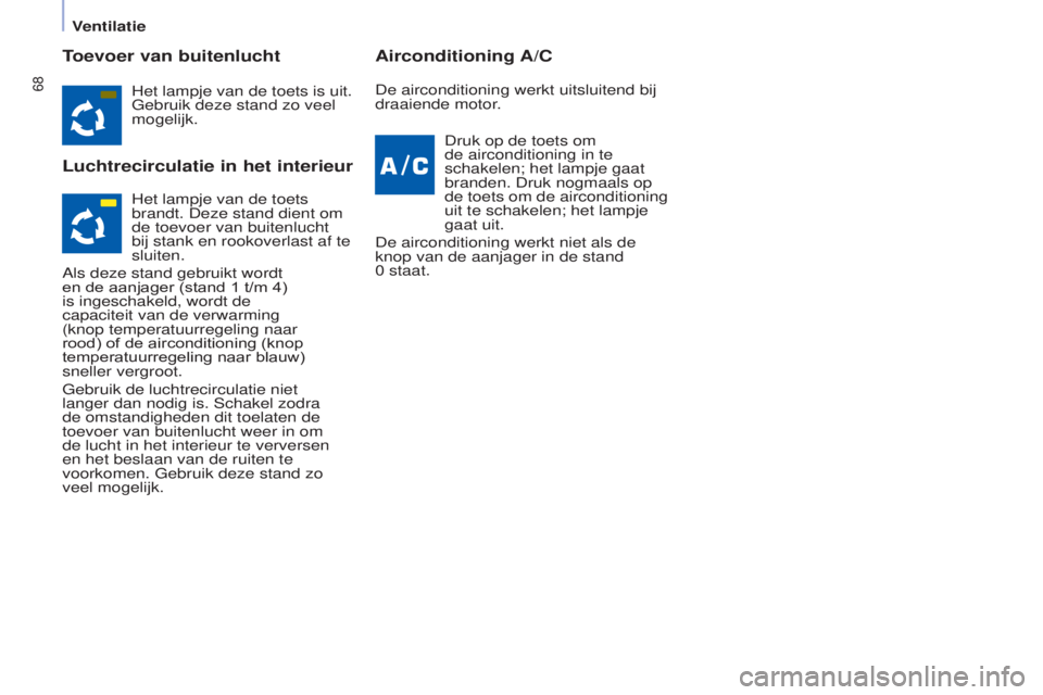 CITROEN BERLINGO ELECTRIC 2017  Instructieboekjes (in Dutch) 68
Berlingo-2-VU_nl_Chap04_Ergonomie_ed01-2015Berlingo-2-VU_nl_Chap04_Ergonomie_ed01-2015
Toevoer van buitenlucht
Luchtrecirculatie in het interieurAirconditioning A/C
Het lampje van de toets is uit. 