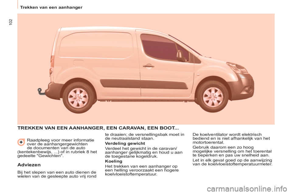 CITROEN BERLINGO ELECTRIC 2015 Instructieboekjes (in Dutch) 102
Trekken van een aanhanger
Raadpleeg voor meer informatie
over de aanhangergewichten
de documenten van de auto
(kentekenbewijs, ...) of in rubriek 8 het
gedeelte "Gewichten".
TRE CITROEN BERLINGO ELECTRIC 2015 Instructieboekjes (in Dutch) 102
Trekken van een aanhanger
Raadpleeg voor meer informatie
over de aanhangergewichten
de documenten van de auto
(kentekenbewijs, ...) of in rubriek 8 het
gedeelte "Gewichten".
TRE