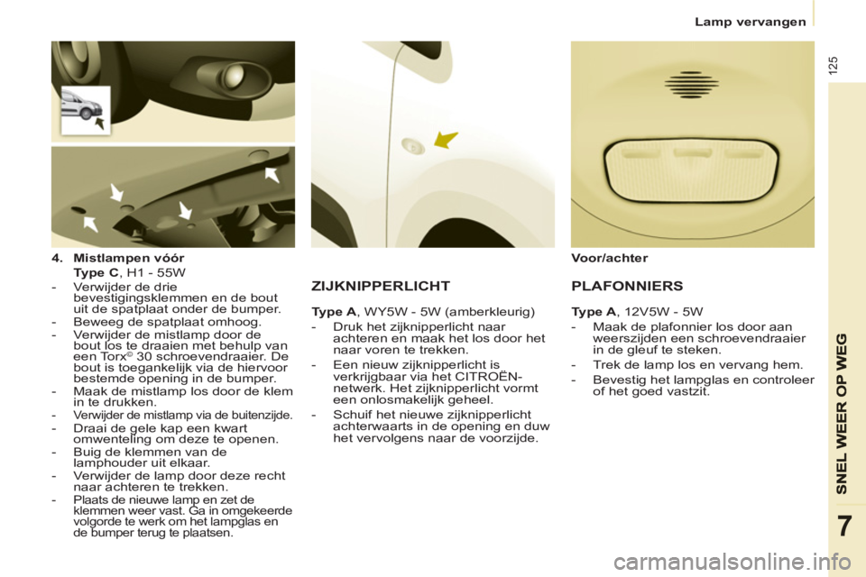 CITROEN BERLINGO ELECTRIC 2015 Instructieboekjes (in Dutch)
Lamp vervangen
125
7
4.
Mistlampen vóór
Type C
, H1 - 55W
- Verwijder de drie
bevestigingsklemmen en de bout
uit de spatplaat onder de bumper.
- Beweeg d CITROEN BERLINGO ELECTRIC 2015 Instructieboekjes (in Dutch)
Lamp vervangen
125
7
4.
Mistlampen vóór
Type C
, H1 - 55W
- Verwijder de drie
bevestigingsklemmen en de bout
uit de spatplaat onder de bumper.
- Beweeg d