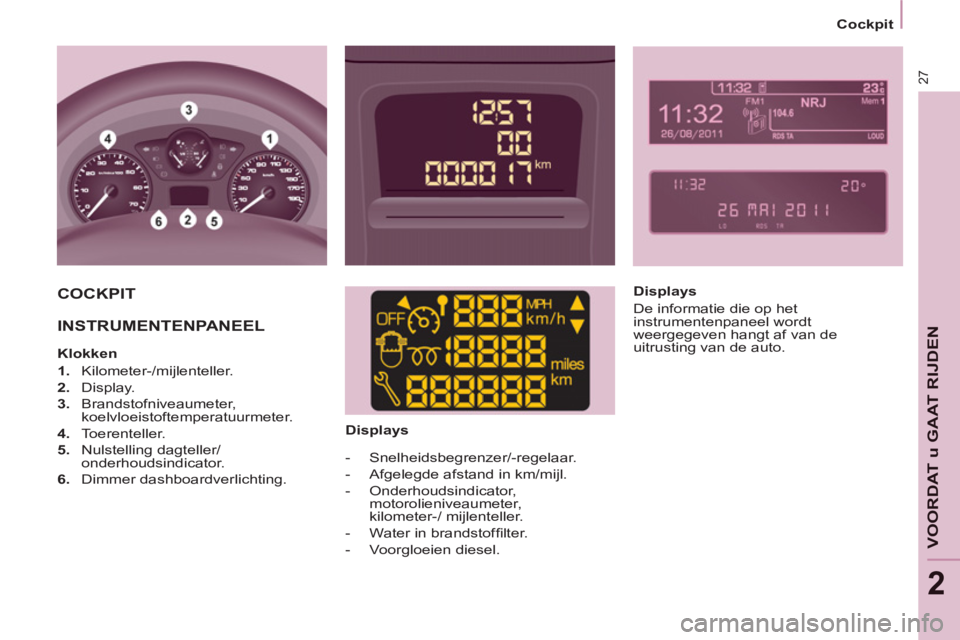 CITROEN BERLINGO ELECTRIC 2015 Instructieboekjes (in Dutch) 2
Cockpit
27
VOORDAT u GAAT RIJDE
N
COCKPIT
INSTRUMENTENPANEEL
Klokken
1. Kilometer-/mijlenteller.
2. Display.
3. Brandstofniveaumeter,
koelvloeistoftemper CITROEN BERLINGO ELECTRIC 2015 Instructieboekjes (in Dutch) 2
Cockpit
27
VOORDAT u GAAT RIJDE
N
COCKPIT
INSTRUMENTENPANEEL
Klokken
1. Kilometer-/mijlenteller.
2. Display.
3. Brandstofniveaumeter,
koelvloeistoftemper
