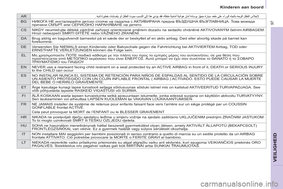 CITROEN BERLINGO ELECTRIC 2015  Instructieboekjes (in Dutch) AR
BGНИКОГА НЕ инсталирайте детско столче на седалка с АКТИВИРАНА предна ВЪЗДУШНА ВЪЗГЛАВНИЦА. То в а можеда 
п�