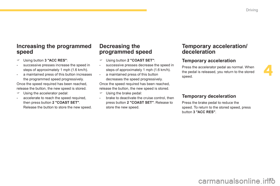 Citroen C4 AIRCROSS 2014 1.G Owners Manual 127
4
Driving
   
Increasing the programmed 
speed    
Decreasing the 
programmed speed    
Temporary acceleration/
deceleration 
   
Temporary acceleration 
 
Press the accelerator pedal as normal. W