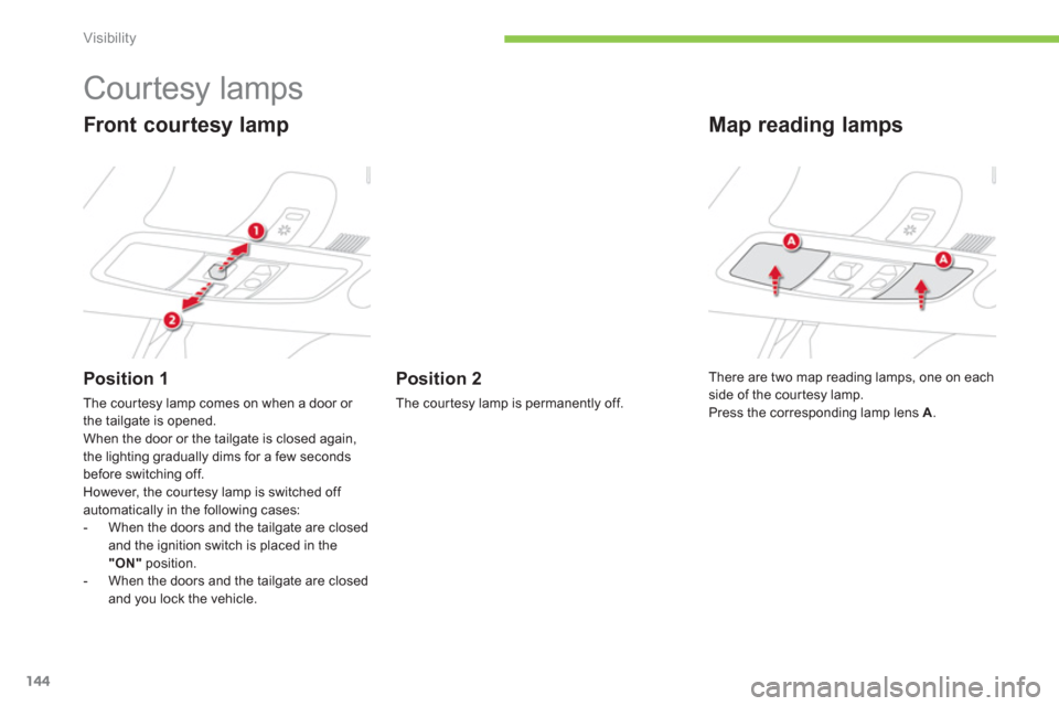 Citroen C4 AIRCROSS 2014 1.G Owners Manual 144
Visibility
   
 
 
 
 
 
 
 
 
 
 
Courtesy lamps 
 
 
Front courtesy lamp 
 
 
Position 1 
 
The courtesy lamp comes on when a door or 
the tailgate is opened. 
  When the door or the tailgate is
