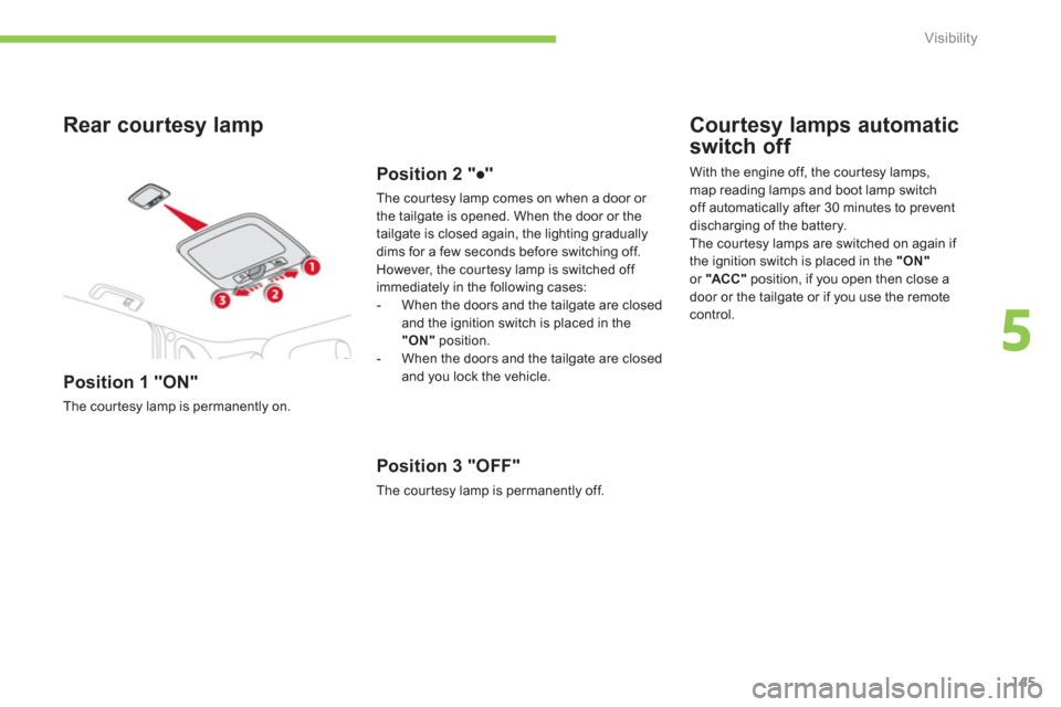 Citroen C4 AIRCROSS 2014 1.G Owners Manual 145
5
Visibility
   
Rear courtesy lamp 
 
 
Position 1 "ON" 
 
The courtesy lamp is permanently on.  
 
 
Position 2 "●" 
 
The courtesy lamp comes on when a door or 
the tailgate is opened. When t