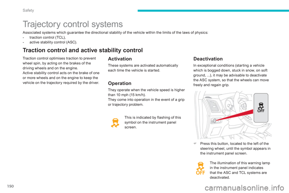 Citroen C4 AIRCROSS 2014 1.G Owners Manual 150
Safety
   
Associated systems which guarantee the directional stability of the vehicle within the limits of the laws of physics: 
   
 
-   traction control (TCL), 
   
-   active stability contro
