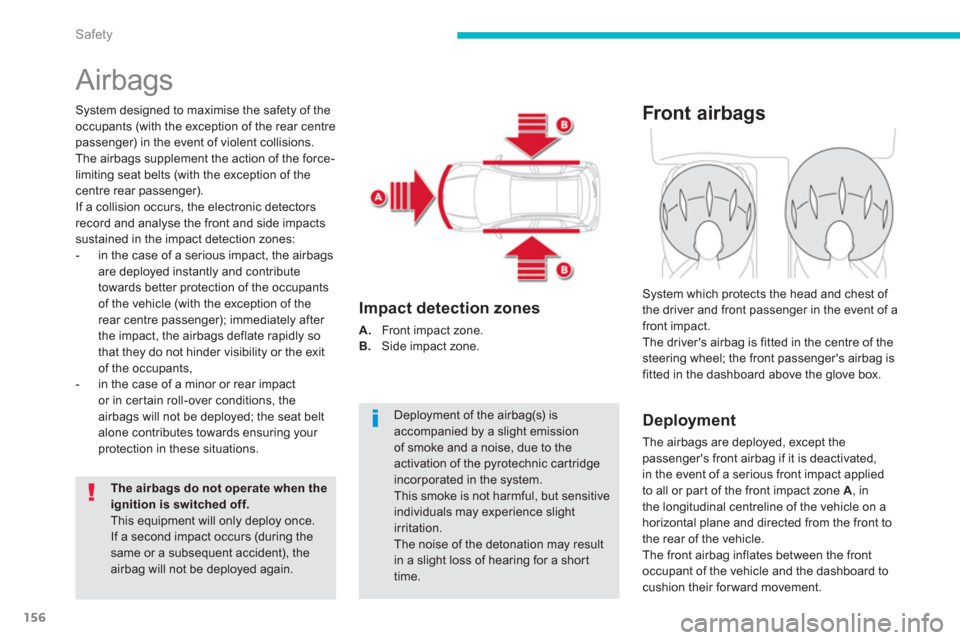 Citroen C4 AIRCROSS 2014 1.G Owners Manual 156
Safety
  Airbags 
 
 
System designed to maximise the safety of the 
occupants (with the exception of the rear centre 
passenger) in the event of violent collisions. 
The airbags supplement the ac