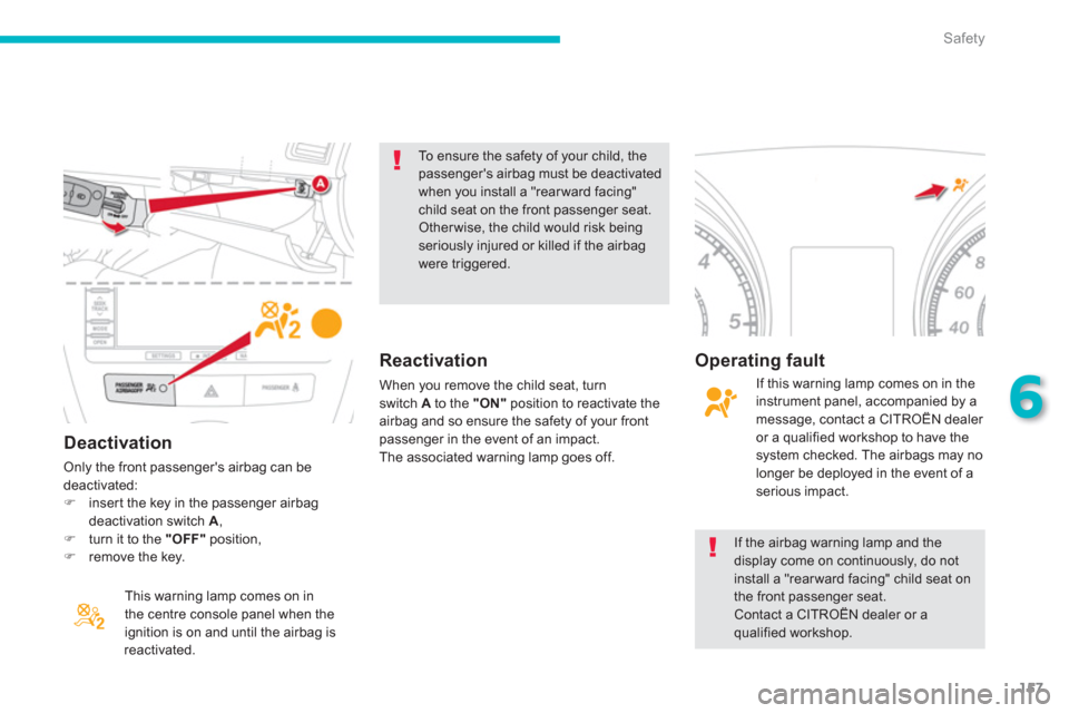 Citroen C4 AIRCROSS 2014 1.G Owners Manual 157
6
Safety
   
Deactivation 
 
Only the front passengers airbag can be 
deactivated: 
   
 
�) 
  insert the key in the passenger airbag 
deactivation switch  A 
, 
   
�) 
  turn it to the  "OFF" 