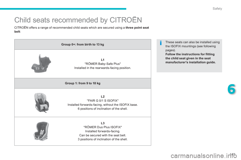 Citroen C4 AIRCROSS 2014 1.G Owners Manual 167
6
Safety
   
 
 
 
Child seats recommended by CITROËN 
 
 
 
Group 0+: from bir th to 13 kg 
 
 
   
 
    
 
L1 
   
"RÖMER Baby-Safe Plus"   
Installed in the rear wards-facing position.  
   