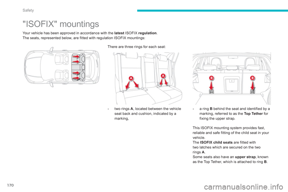 Citroen C4 AIRCROSS 2014 1.G Owners Manual 170
Safety
   
 
 
 
 
 
 
 
 
 
 
 
 
 
 
 
 
 
 
 
"ISOFIX" mountings 
 
Your vehicle has been approved in accordance with the  latest 
 ISOFIX  regulation 
. 
  The seats, represented below, are fi
