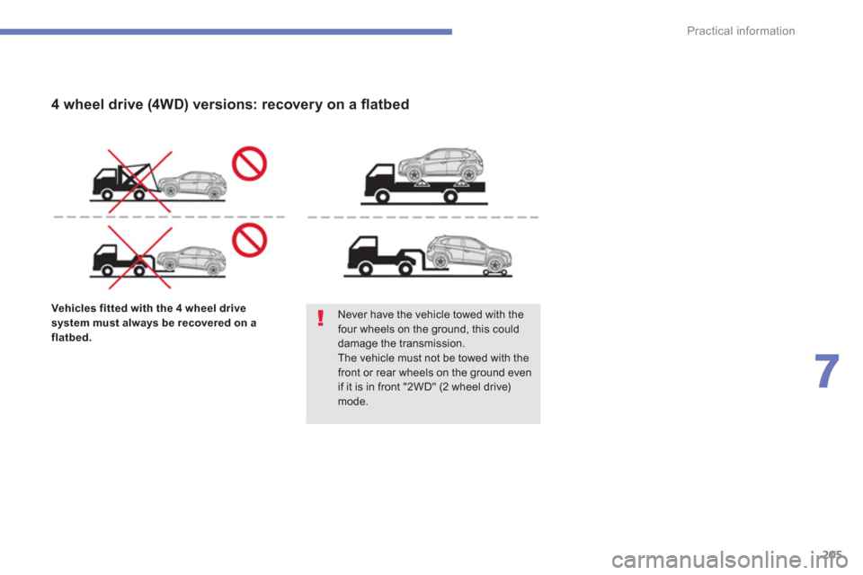 Citroen C4 AIRCROSS 2014 1.G Owners Manual 205
7
Practical information
   
Vehicles fitted with the 4 wheel drive 
system must always be recovered on a 
flatbed. 
 
    
Never have the vehicle towed with the 
four wheels on the ground, this co