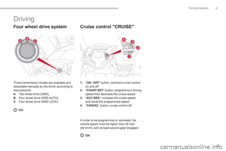 Citroen C4 AIRCROSS 2014 1.G Owners Guide .
21
Familiarisation
  Driving 
 
Three transmission modes are available and 
selectable manually by the driver according to 
requirements: 
   
 
A. 
  Two wheel drive (2WD), 
   
B. 
  Four wheel dr