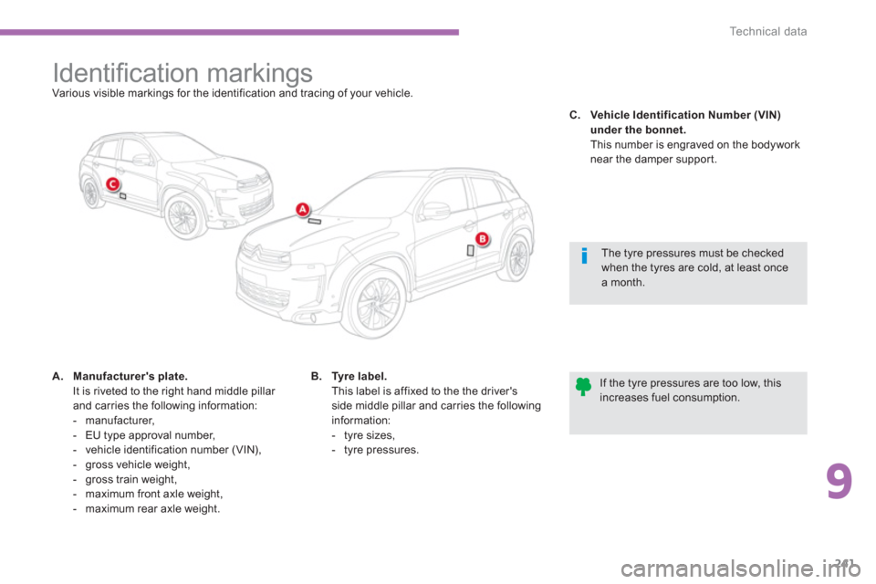 Citroen C4 AIRCROSS 2014 1.G Owners Manual 9
241
Te c h n i c a l  d a t a
   
 
 
 
 
 
 
 
 
 
 
 
 
 
 
 
 
 
 
 
Identiﬁ cation markings  
Various visible markings for the identification and tracing of your vehicle.  
   
 
 
A. 
  Manuf