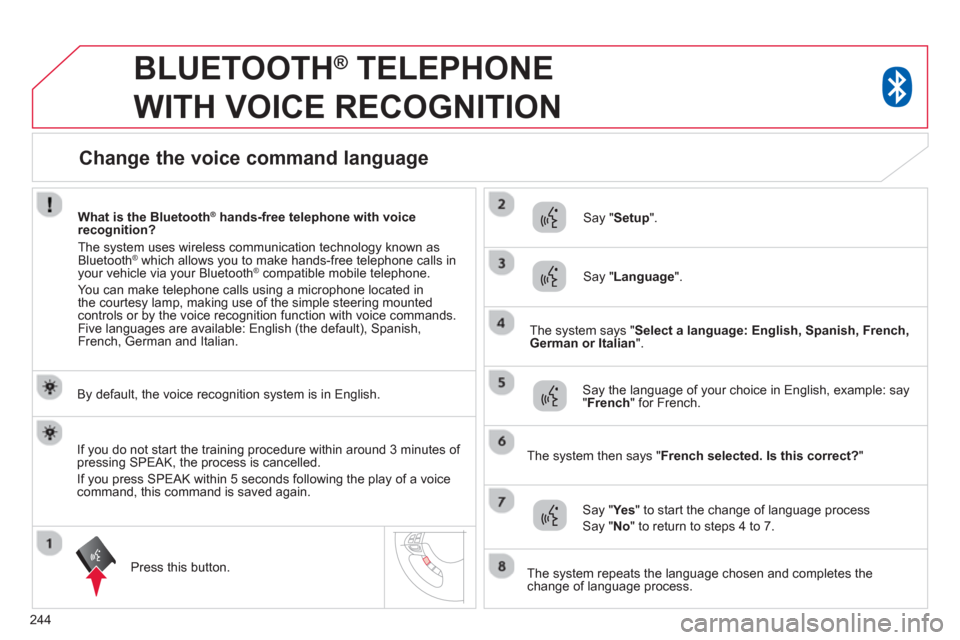 Citroen C4 AIRCROSS 2014 1.G Owners Manual 244
   
 
 
 
BLUETOOTH ® 
 TELEPHONE 
WITH VOICE RECOGNITION 
   
By default, the voice recognition system is in English.  
   
Press this button.     
Say " Setup 
".  
   
Say " Language 
".  
   