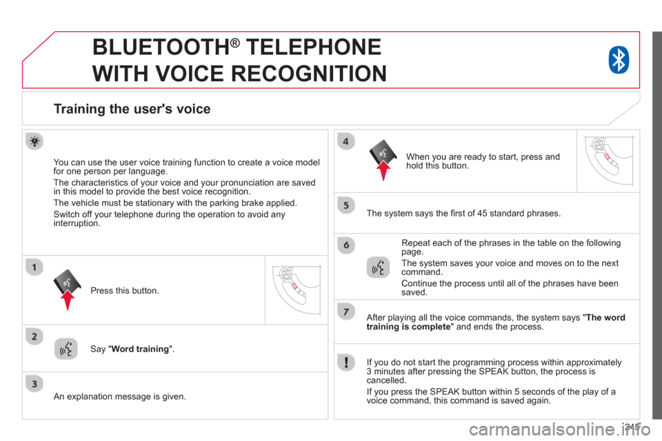 Citroen C4 AIRCROSS 2014 1.G Owners Manual 245
   
 
 
 
BLUETOOTH ® 
 TELEPHONE 
WITH VOICE RECOGNITION 
   
 
 
 
 
 
 
 
Training the users voice 
 
 
You can use the user voice training function to create a voice model 
for one person pe