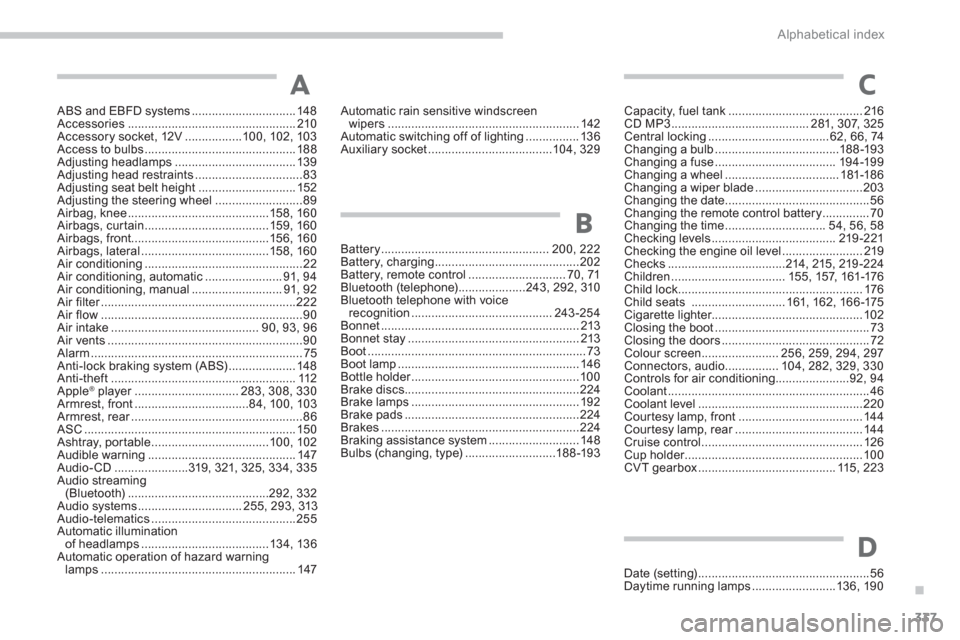 Citroen C4 AIRCROSS 2014 1.G Owners Guide .
337 Alphabetical index
ABS and EBFD systems ............................... 148
Accessories .................................................. 210
Accessory socket, 12V .................100, 102, 10