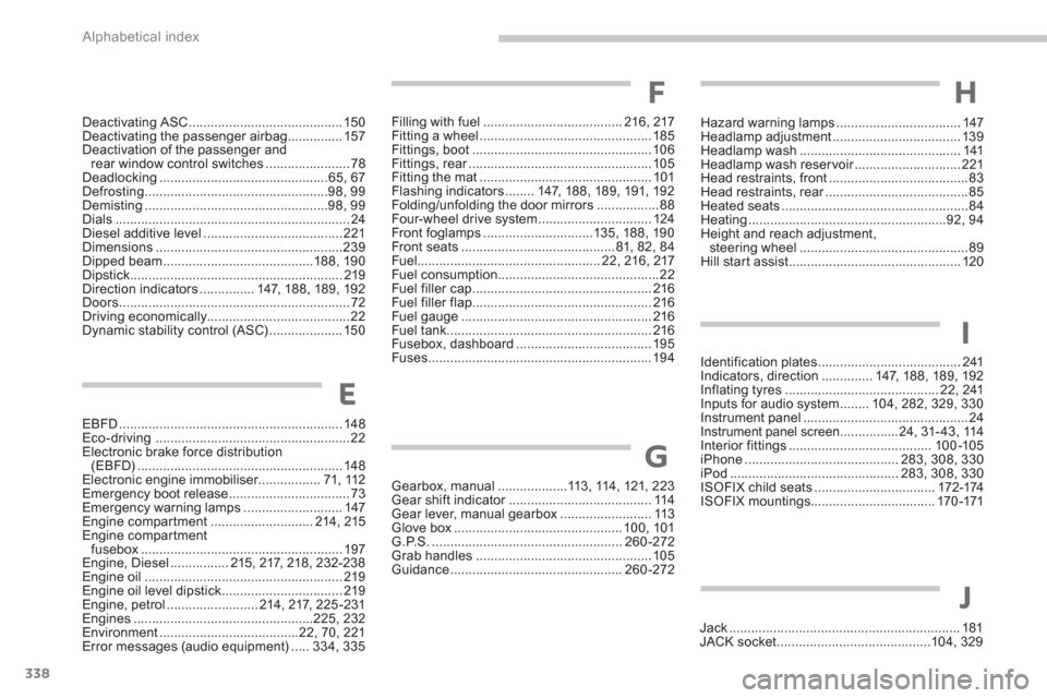 Citroen C4 AIRCROSS 2014 1.G Owners Manual 338Alphabetical index
EBFD ............................................................. 148
Eco-driving  .....................................................22
Electronic brake force distribution 
(