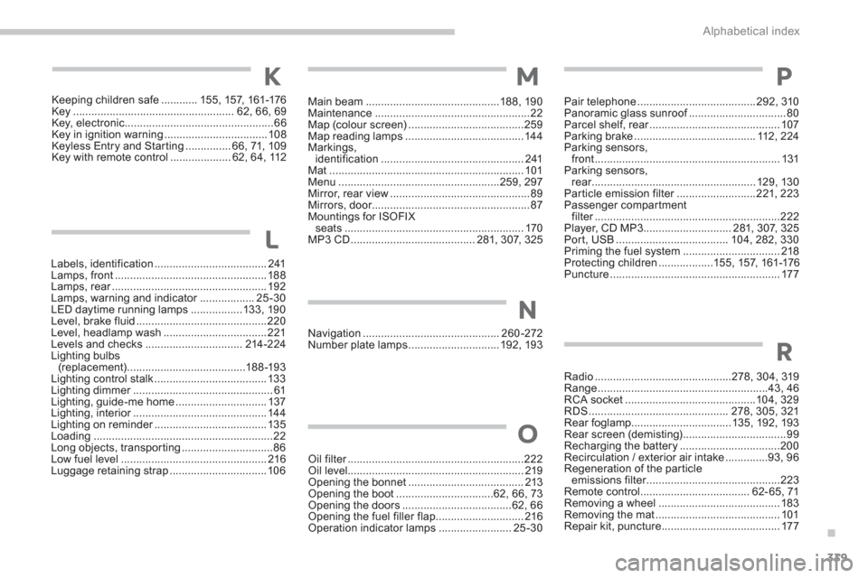 Citroen C4 AIRCROSS 2014 1.G Owners Guide .
339 Alphabetical index
Keeping children safe ............ 155, 157, 161-176
Key ..................................................... 62, 66, 69
Key, electronic .....................................