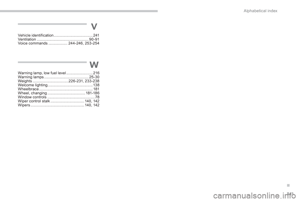 Citroen C4 AIRCROSS 2014 1.G Owners Guide .
341 Alphabetical index
Warning lamp, low fuel level ......................... 216
Warning lamps .......................................... 25 -30
Weights ..................................226 -231, 