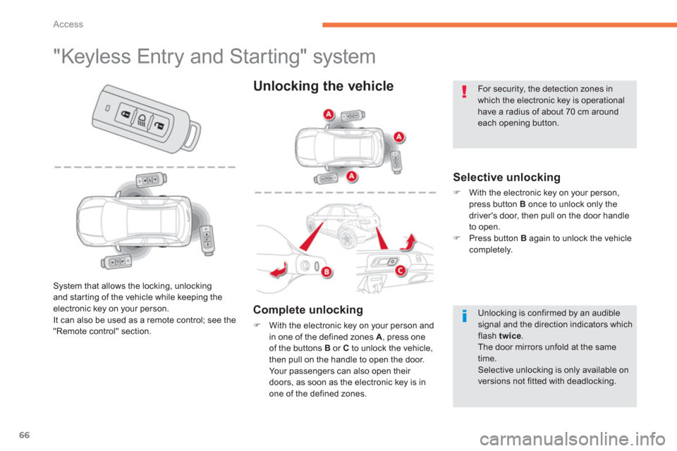 Citroen C4 AIRCROSS 2014 1.G Repair Manual 66
Access
   
 
 
 
 
 
 
 
 
 
 
 
 
 
 
 
 
 
 
 
 
 
 
"Keyless Entry and Starting" system 
 
 
Selective unlocking 
 
 
 
�) 
  With the electronic key on your person, 
press button  B 
 once to u