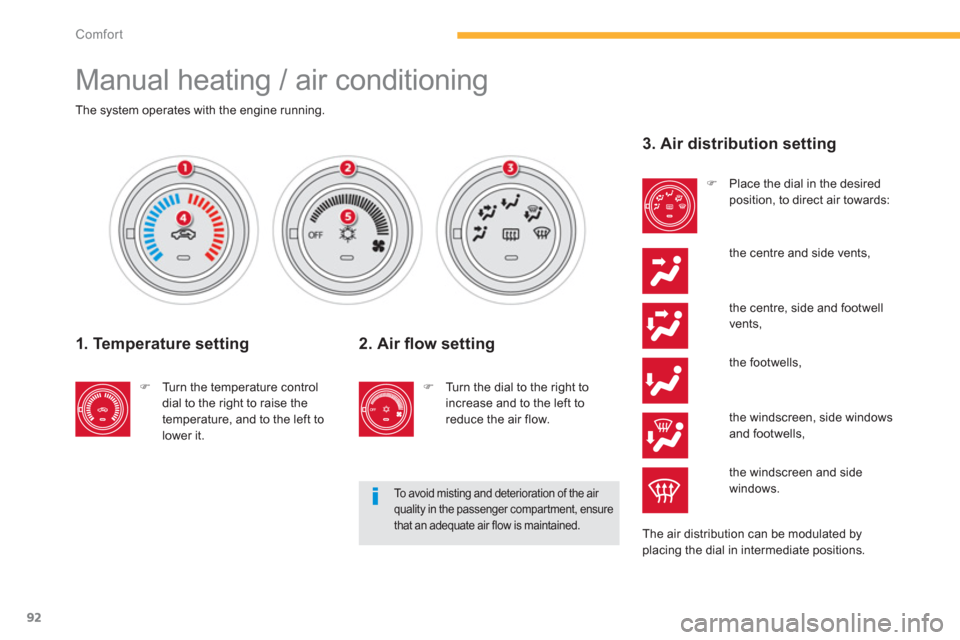 Citroen C4 AIRCROSS 2014 1.G Owners Manual 92
Comfort
  Manual heating / air conditioning 
 
 
 
 
 
 
 
 
 
 
 
 
The system operates with the engine running.  
 
 
 
1. Temperature setting 
 
 
 
�) 
  Turn the temperature control 
dial to t
