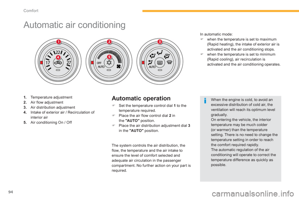 Citroen C4 AIRCROSS 2014 1.G Owners Manual 94
Comfort
   
 
 
 
 
 
 
 
 
 
 
 
 
 
 
 
 
 
 
 
Automatic air conditioning 
 
 
 
1. 
 Temperature adjustment 
   
2. 
  Air flow adjustment 
   
3. 
  Air distribution adjustment 
   
4. 
  Inta