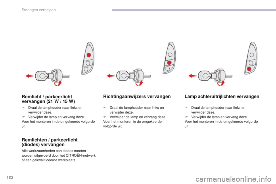 CITROEN C-ZERO 2017 Instructieboekjes (in Dutch) 132
C-Zero_nl_Chap08_en-cas-de-panne_ed01-2016
Richtingaanwijzers vervangen
Remlichten / parkeerlicht
(diodes) vervangen
Alle werkzaamheden aan diodes moeten
worden uitgevoerd door het CITROËN-netw CITROEN C-ZERO 2017 Instructieboekjes (in Dutch) 132
C-Zero_nl_Chap08_en-cas-de-panne_ed01-2016
Richtingaanwijzers vervangen
Remlichten / parkeerlicht
(diodes) vervangen
Alle werkzaamheden aan diodes moeten
worden uitgevoerd door het CITROËN-netw