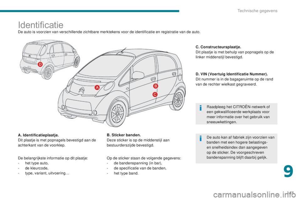 CITROEN C-ZERO 2017 Instructieboekjes (in Dutch) 143
C-Zero_nl_Chap09_caracteristiques-techniques_ed01-2016
IdentificatieDe auto is voorzien van verschillende zichtbare merktekens voor de identificatie en registratie van de auto.
A. Identificatiepla CITROEN C-ZERO 2017 Instructieboekjes (in Dutch) 143
C-Zero_nl_Chap09_caracteristiques-techniques_ed01-2016
IdentificatieDe auto is voorzien van verschillende zichtbare merktekens voor de identificatie en registratie van de auto.
A. Identificatiepla
