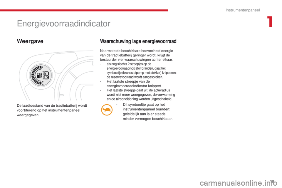 CITROEN C-ZERO 2017 Instructieboekjes (in Dutch) 19
C-Zero_nl_Chap01_instruments-de-bord_ed01-2016
Energievoorraadindicator
Weergave
Naarmate de beschikbare hoeveelheid energie
van de tractiebatterij geringer wordt, krijgt de
bestuurder vier waars CITROEN C-ZERO 2017 Instructieboekjes (in Dutch) 19
C-Zero_nl_Chap01_instruments-de-bord_ed01-2016
Energievoorraadindicator
Weergave
Naarmate de beschikbare hoeveelheid energie
van de tractiebatterij geringer wordt, krijgt de
bestuurder vier waars