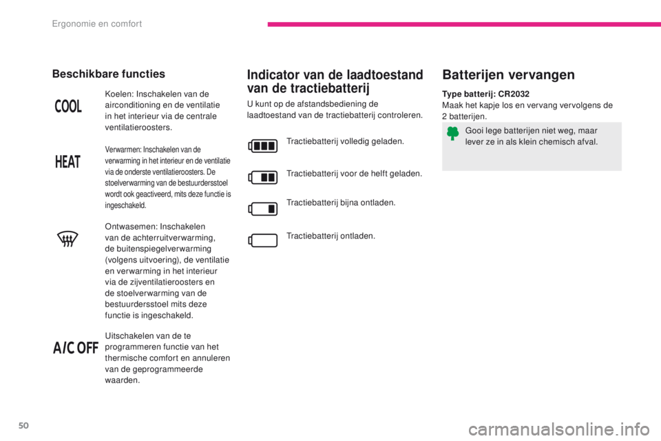 CITROEN C-ZERO 2017 Instructieboekjes (in Dutch) 50
C-Zero_nl_Chap03_ergonomie-et-confort_ed01-2016
Indicator van de laadtoestand
van de tractiebatterij
U kunt op de afstandsbediening de
laadtoestand van de tractiebatterij controleren.
Koelen: Ins CITROEN C-ZERO 2017 Instructieboekjes (in Dutch) 50
C-Zero_nl_Chap03_ergonomie-et-confort_ed01-2016
Indicator van de laadtoestand
van de tractiebatterij
U kunt op de afstandsbediening de
laadtoestand van de tractiebatterij controleren.
Koelen: Ins