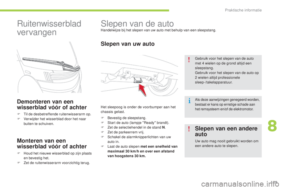 CITROEN C-ZERO 2016  Instructieboekjes (in Dutch) 119
c-zero_nl_ chap08_info-pratiques_ed01-2014
slepen van de autoHandelwijze bij het slepen van uw auto met behulp van een sleepstang.
Slepen van uw auto
Het sleepoog is onder de voorbumper aan het 
c