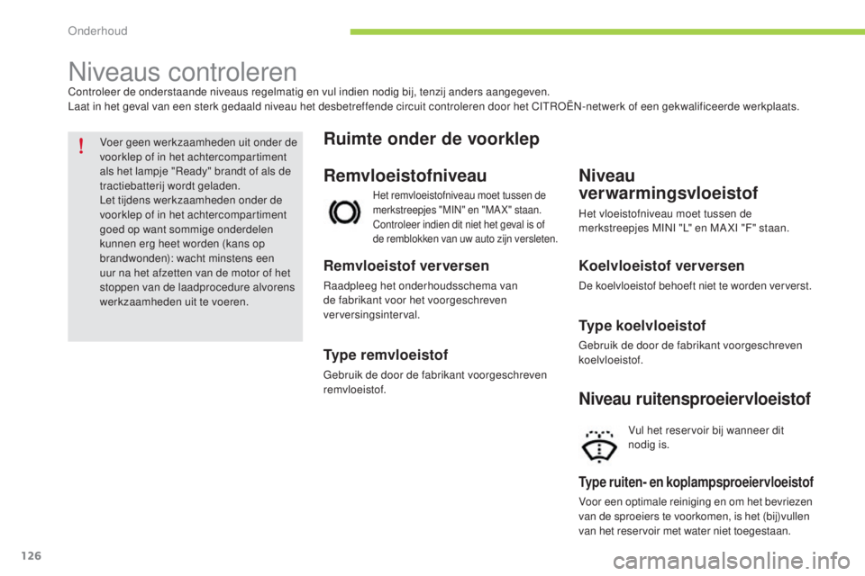 CITROEN C-ZERO 2016 Instructieboekjes (in Dutch) 126
c-zero_nl_ chap09_verifications_ed01-2014
niveaus controlerencontroleer de onderstaande niveaus regelmatig en vul indien nodig bij, tenzij anders aangegeven.
Laat in het geval van een sterk gedaal CITROEN C-ZERO 2016 Instructieboekjes (in Dutch) 126
c-zero_nl_ chap09_verifications_ed01-2014
niveaus controlerencontroleer de onderstaande niveaus regelmatig en vul indien nodig bij, tenzij anders aangegeven.
Laat in het geval van een sterk gedaal
