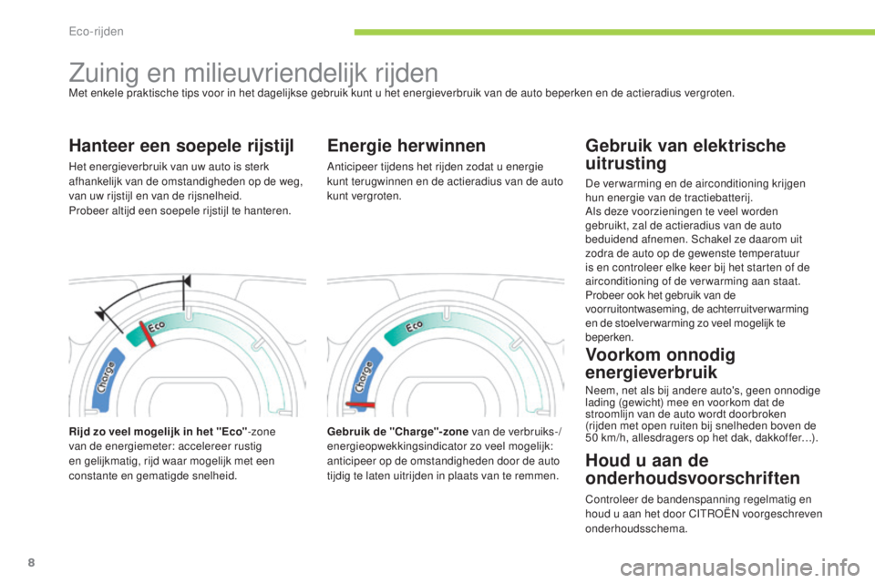 CITROEN C-ZERO 2016 Instructieboekjes (in Dutch) 8
c-zero_nl_ chap00c_ eco-conduite_ed01-2014
Zuinig en milieuvriendelijk rijdenMet enkele praktische tips voor in het dagelijkse gebruik kunt u het energieverbruik van de auto beperken en de actieradi CITROEN C-ZERO 2016 Instructieboekjes (in Dutch) 8
c-zero_nl_ chap00c_ eco-conduite_ed01-2014
Zuinig en milieuvriendelijk rijdenMet enkele praktische tips voor in het dagelijkse gebruik kunt u het energieverbruik van de auto beperken en de actieradi