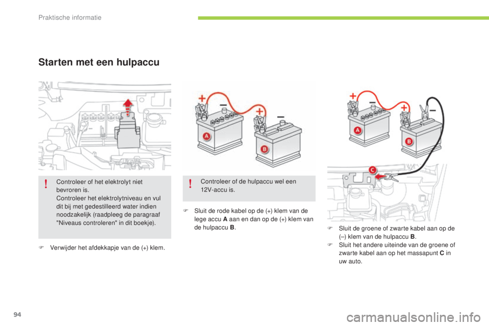CITROEN C-ZERO 2016 Instructieboekjes (in Dutch) 94
c-zero_nl_ chap08_info-pratiques_ed01-2014
F Ver wijder het afdekkapje van de (+) klem. F s
l
uit de rode kabel op de (+) klem van de
lege accu A aan en dan op de (+) klem van
de hulpaccu B . CITROEN C-ZERO 2016 Instructieboekjes (in Dutch) 94
c-zero_nl_ chap08_info-pratiques_ed01-2014
F Ver wijder het afdekkapje van de (+) klem. F s
l
uit de rode kabel op de (+) klem van de
lege accu A aan en dan op de (+) klem van
de hulpaccu B .